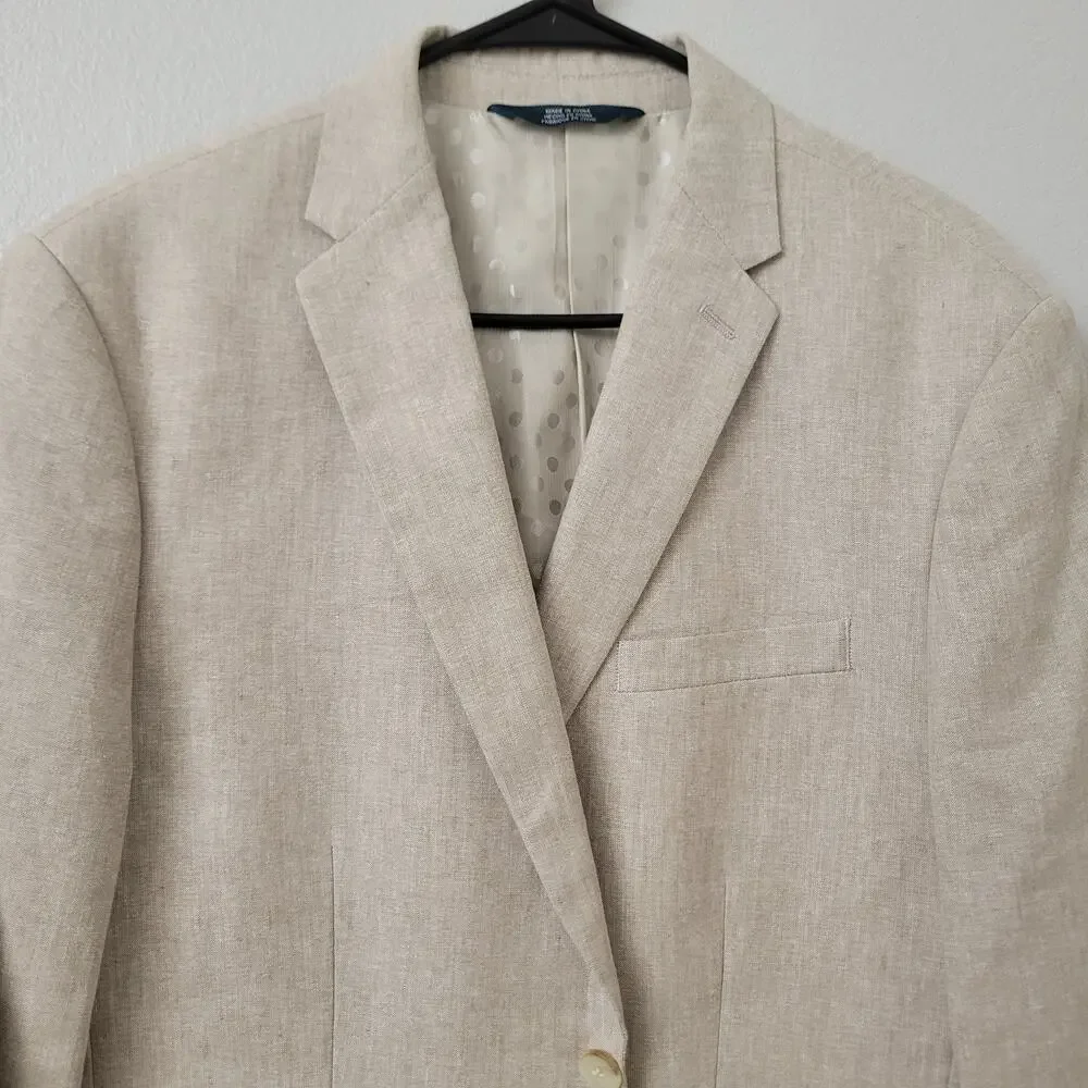 Perry Ellis Men's Linen Cotton Blazer Sport Coat Jacket Khaki Tan Sz 40 Long